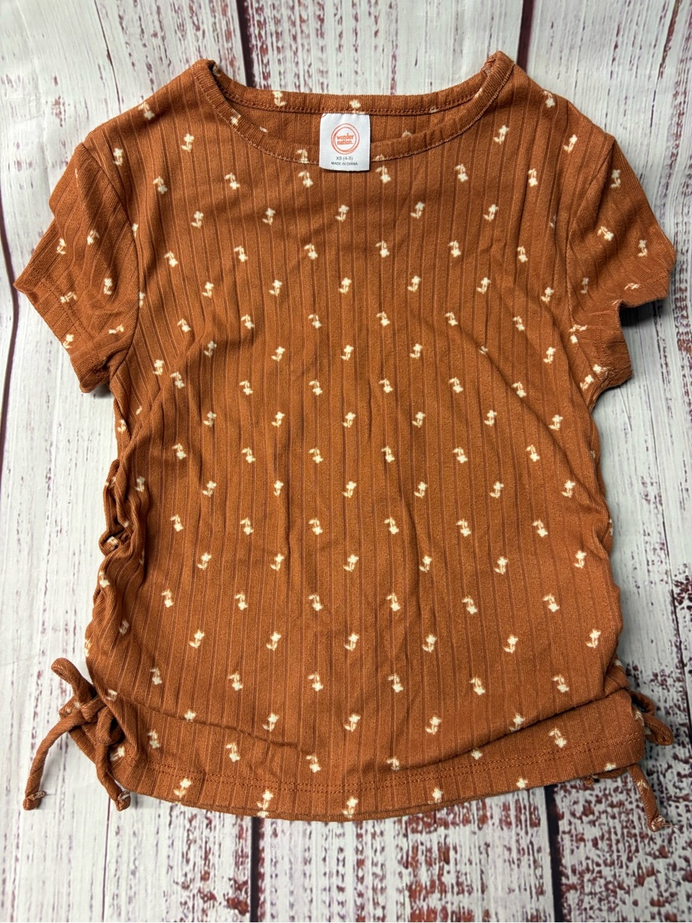 Girls nation Rust Short Sleeve Ribbed Tie-Detail Top with Cream Floral Print